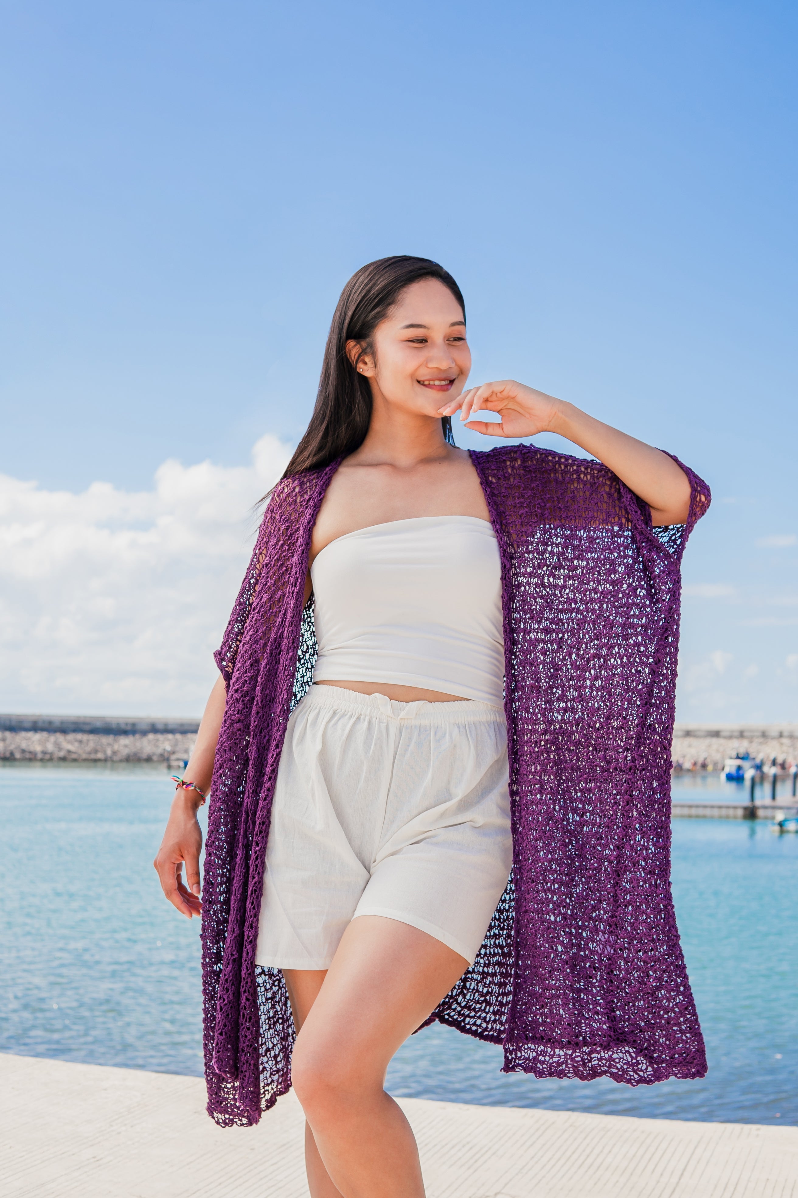 Mid Length Purple Kimono - Stylish Popcorn Knit Design - Shopthatapp.ca