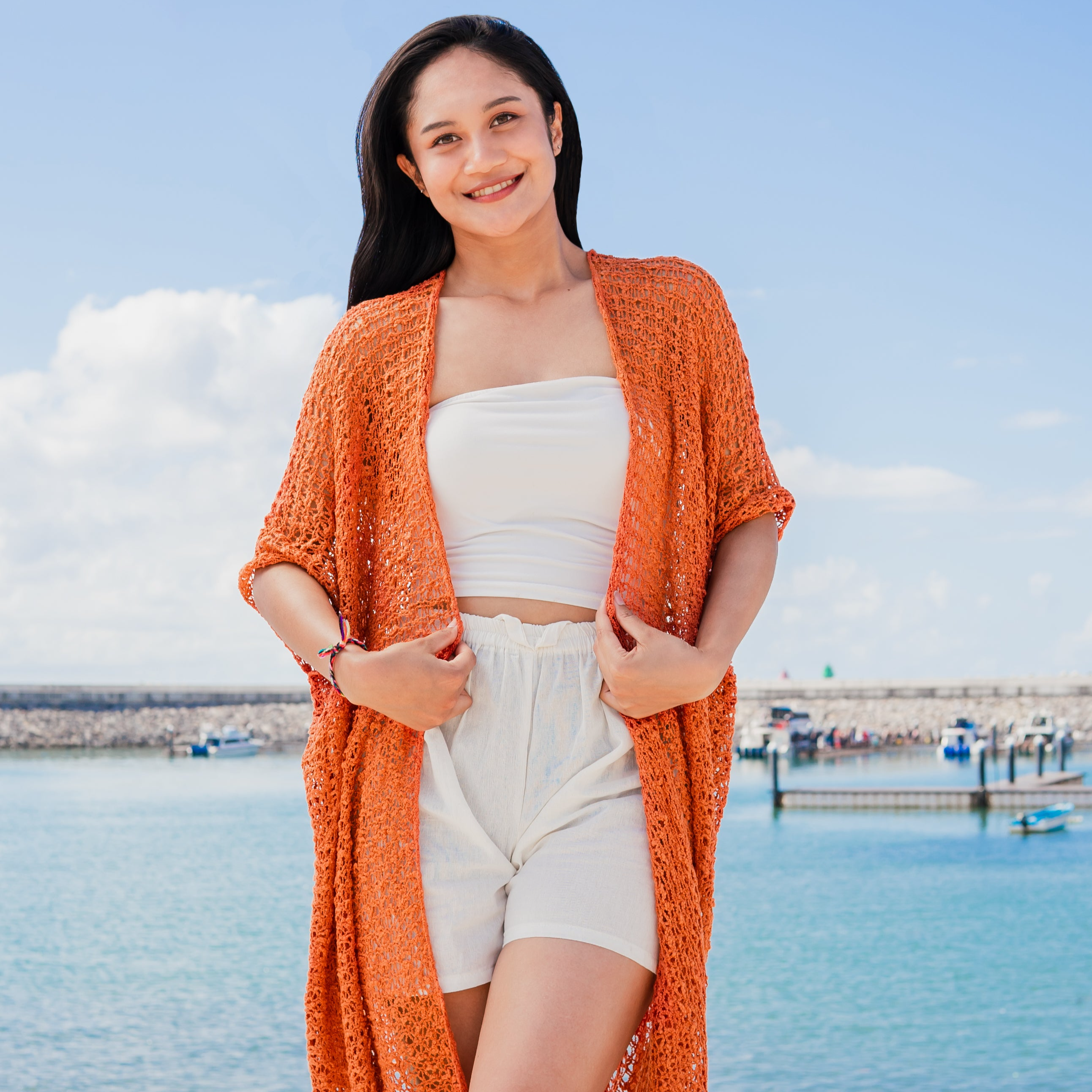 Mid Length Popcorn Knit Kimono - Orange - Shopthatapp.ca