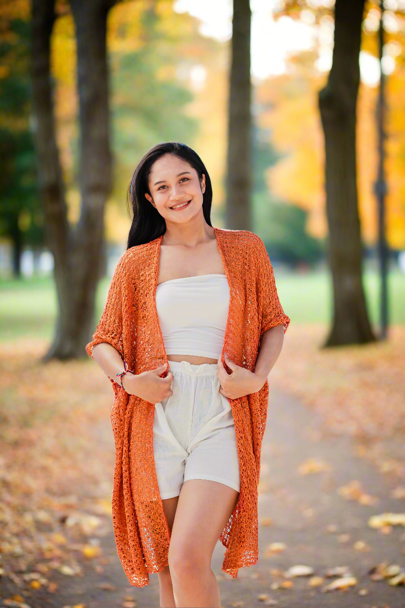 Mid Length Popcorn Knit Kimono - Orange - Shopthatapp.ca