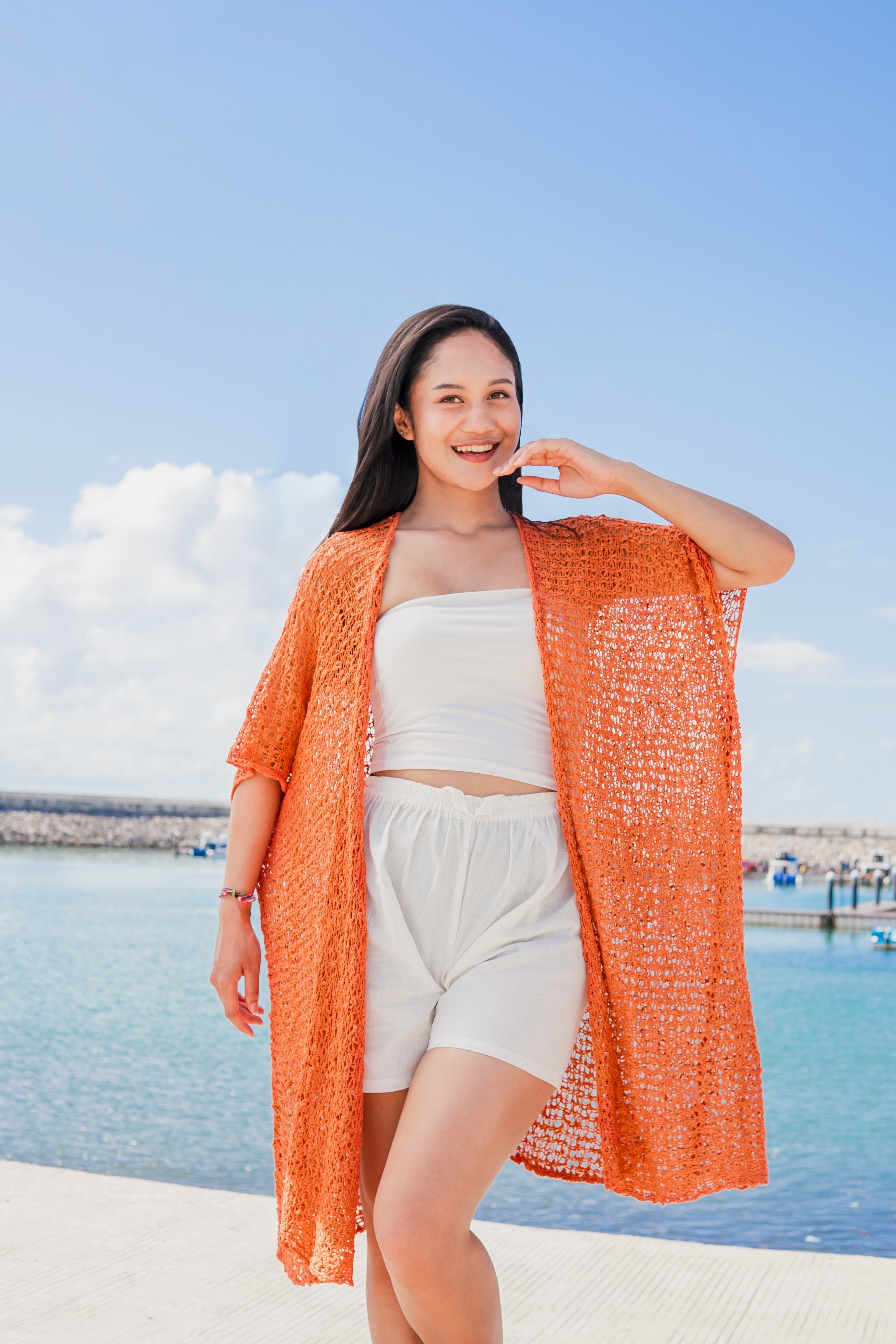 Mid Length Popcorn Knit Kimono - Orange - Shopthatapp.ca