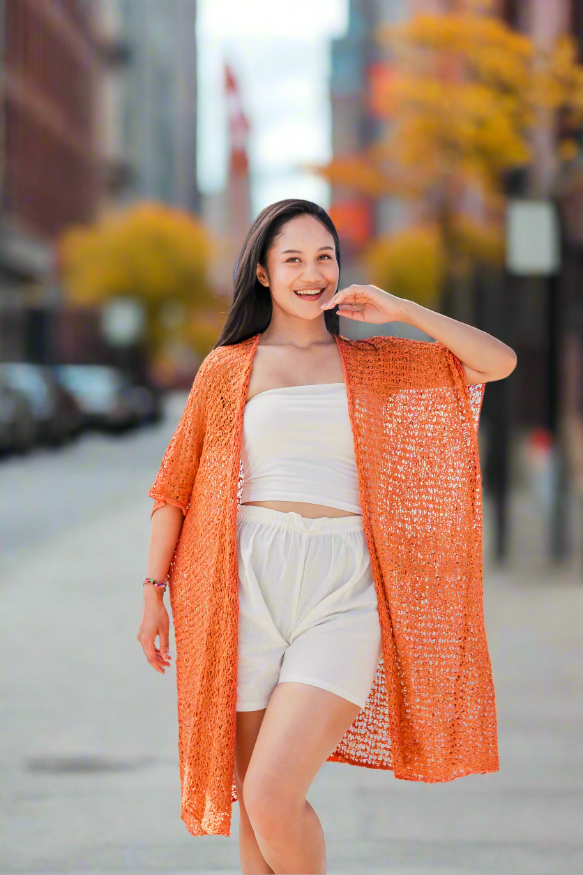 Mid Length Popcorn Knit Kimono - Orange - Shopthatapp.ca