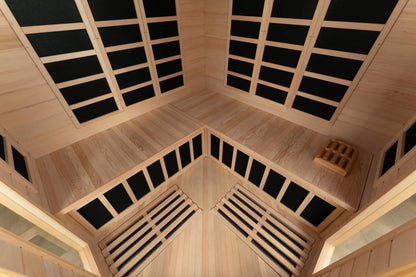 Zoppinh Blisspod Vienna corner infrared sauna with Canadian Hemlock, 12 heaters, spacious for 4-5 persons, low EMF design.