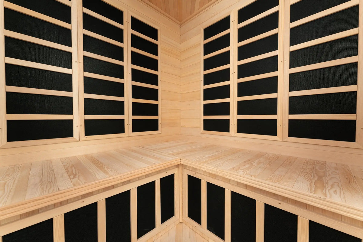 Zoppinh Blisspod Vienna corner infrared sauna with Canadian Hemlock, 12 heaters, spacious for 4-5 persons, low EMF design.