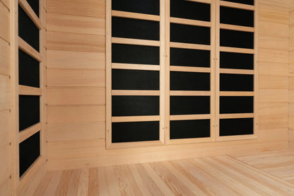 Zoppinh Blisspod Vienna corner infrared sauna made of Canadian Hemlock with 12 heaters, spacious enough for 4-5 persons.