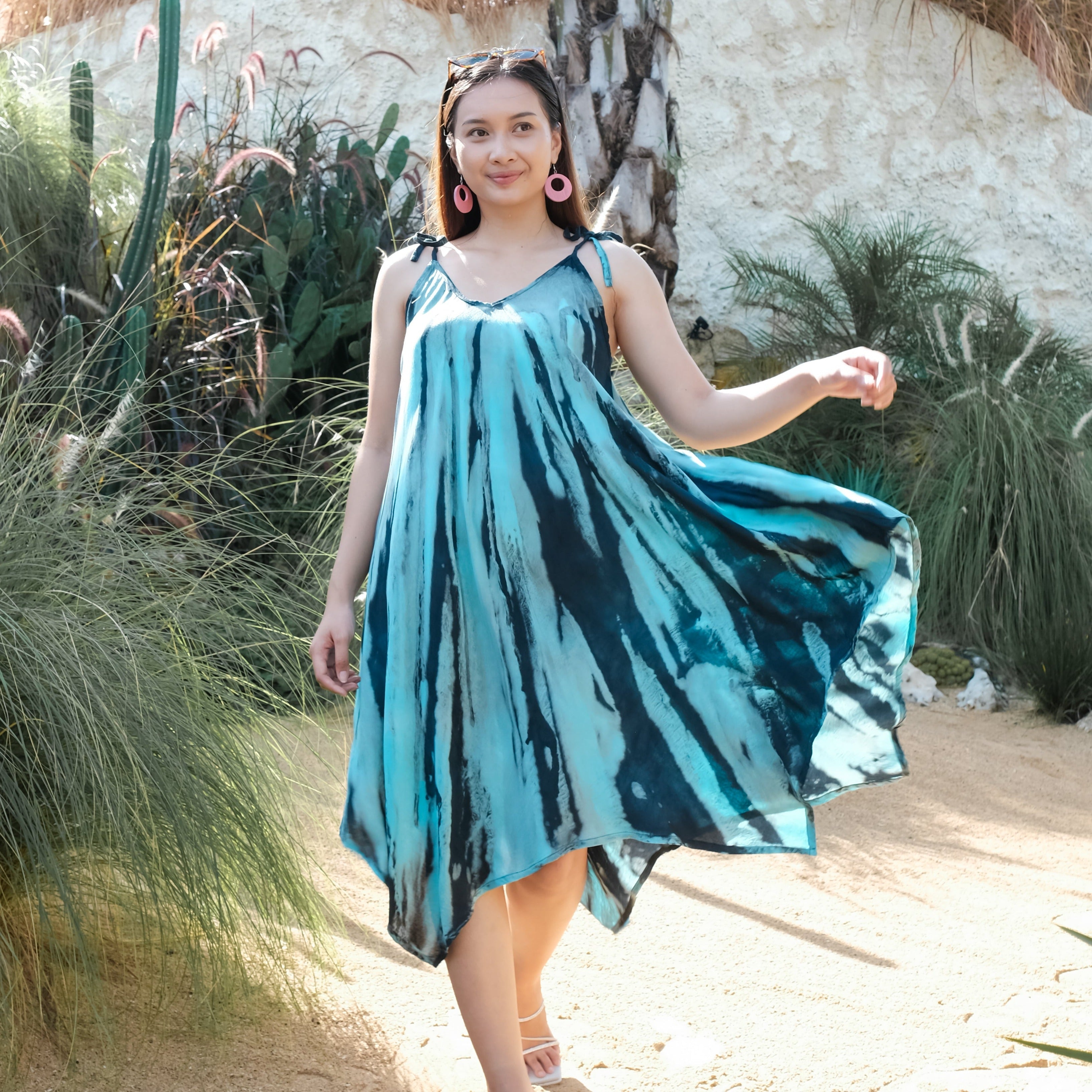 Abstract Tie Dye Dress Blue - Handkerchief Style - Shopthatapp.ca