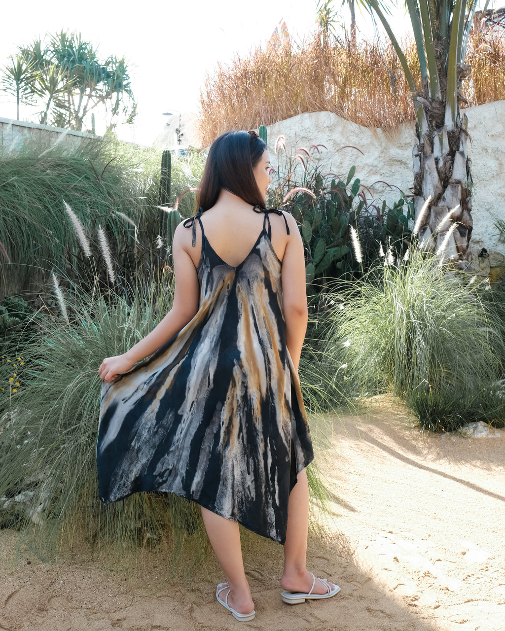 Abstract Tie Dye Handkerchief Dress -  Grey & Gold - Shopthatapp.ca
