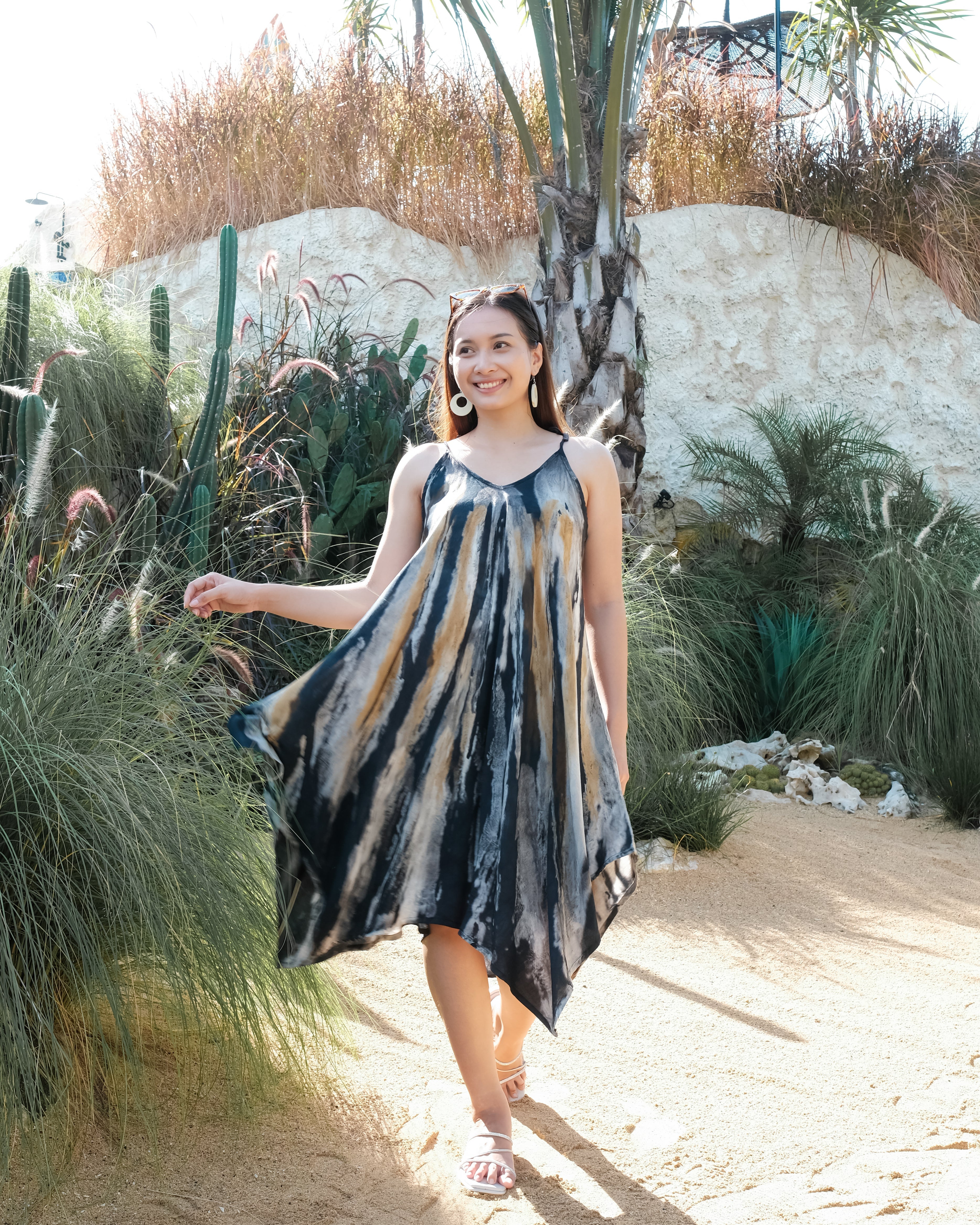 Abstract Tie Dye Handkerchief Dress -  Grey & Gold - Shopthatapp.ca
