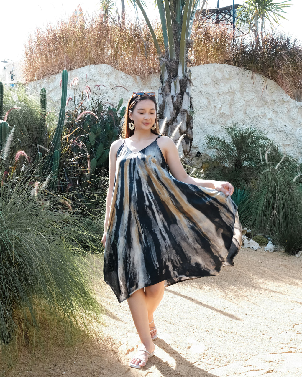 Abstract Tie Dye Handkerchief Dress -  Grey & Gold - Shopthatapp.ca