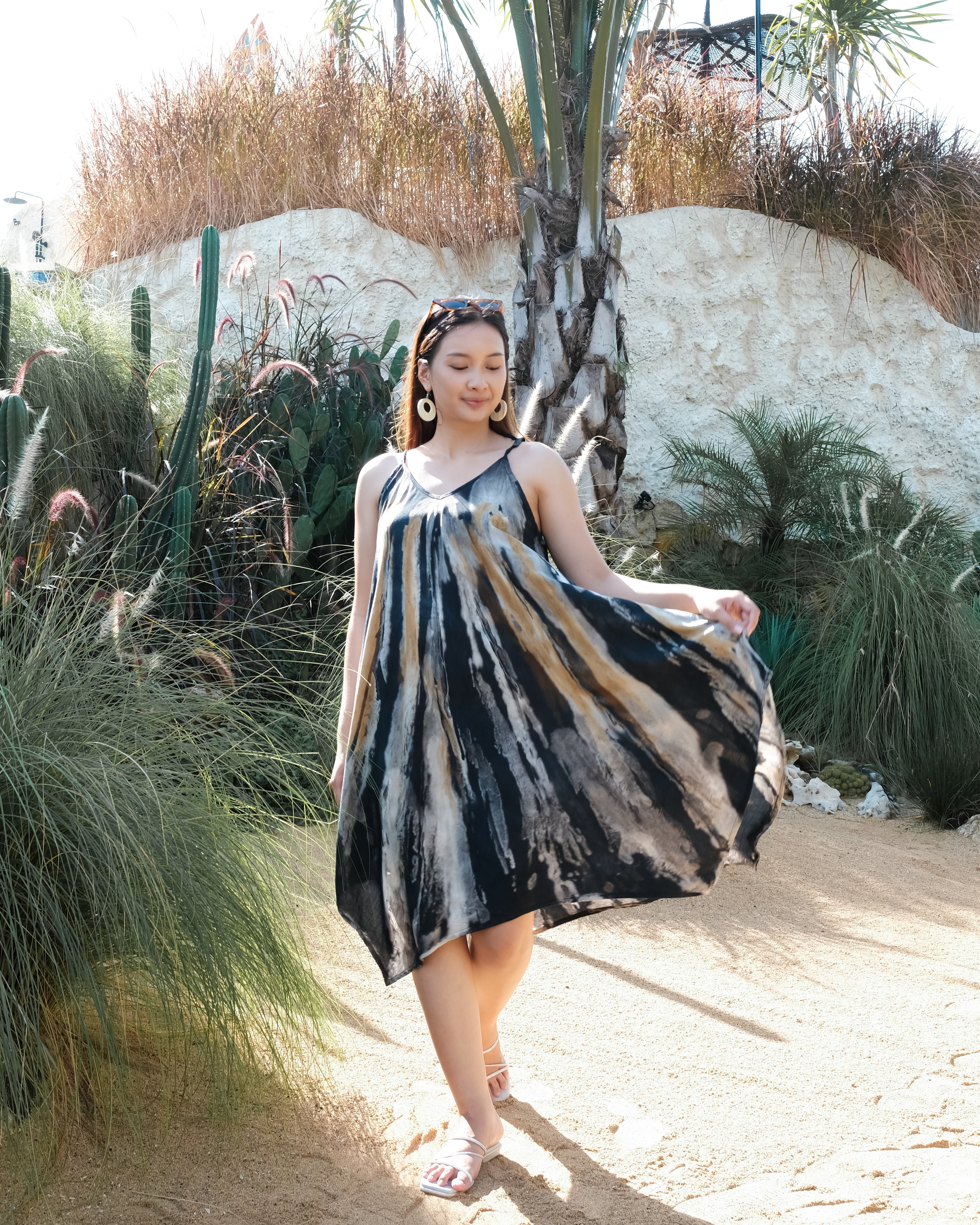 Abstract Tie Dye Handkerchief Dress -  Grey & Gold - Shopthatapp.ca