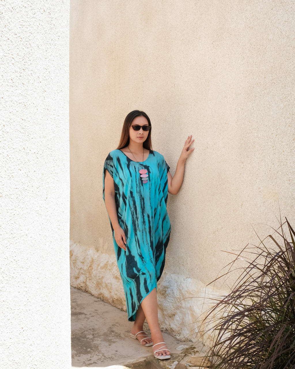 Abstract Tie Dye Kaftan Dress in Blue & Grey - Shopthatapp.ca