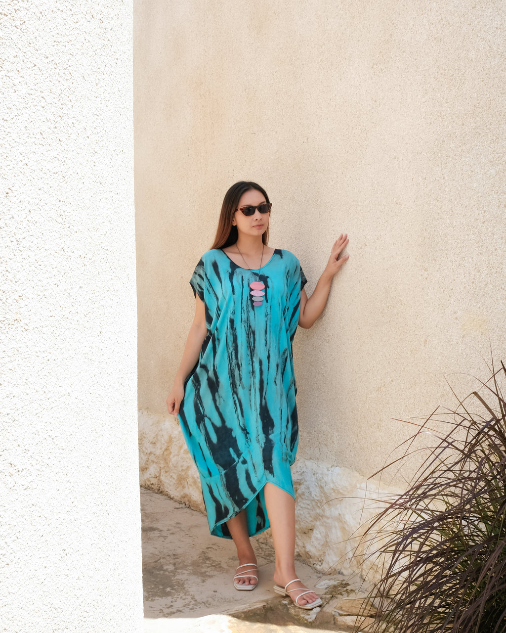 Abstract Tie Dye Kaftan Dress in Blue & Grey - Shopthatapp.ca