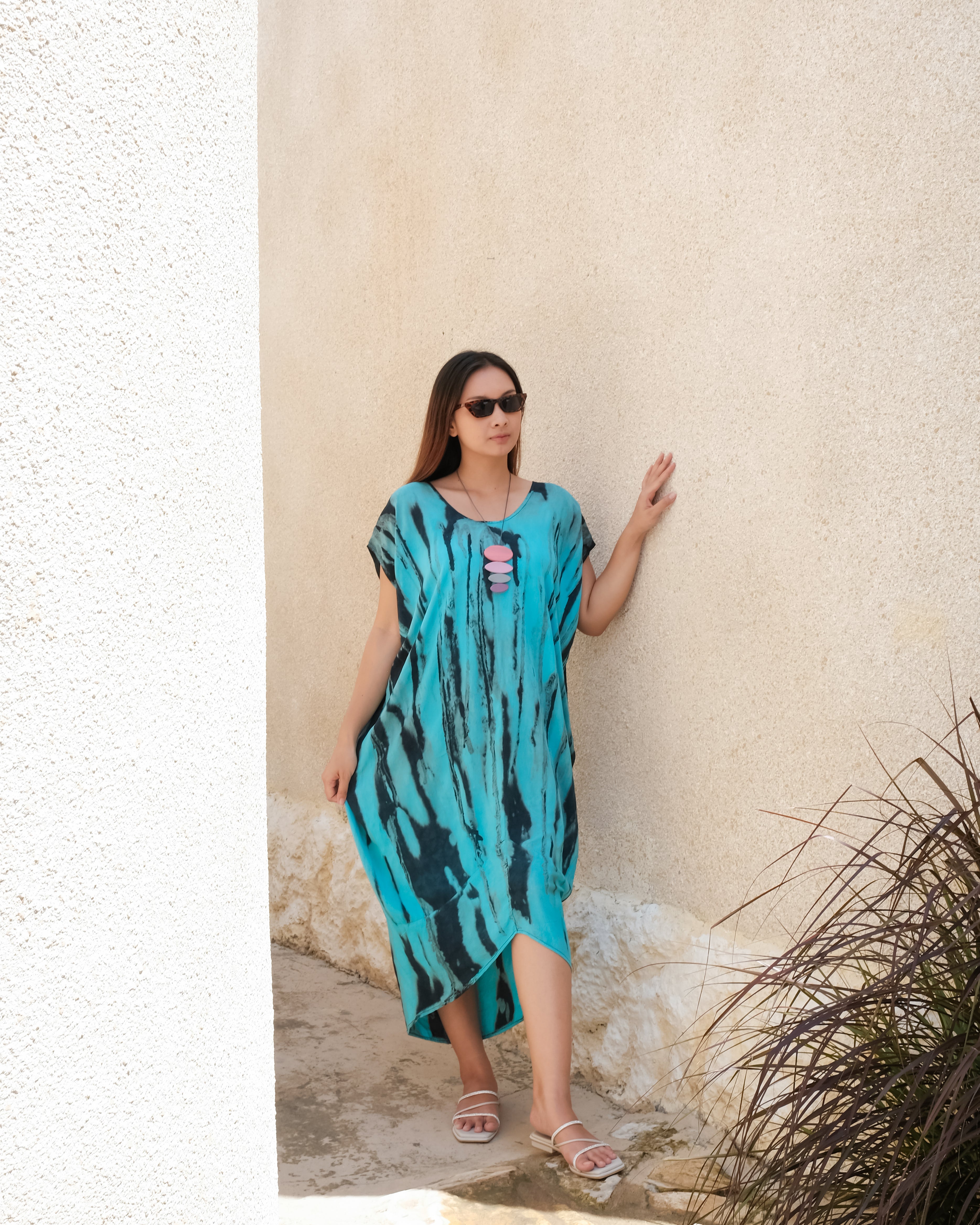 Abstract Tie Dye Kaftan Dress in Blue & Grey - Shopthatapp.ca