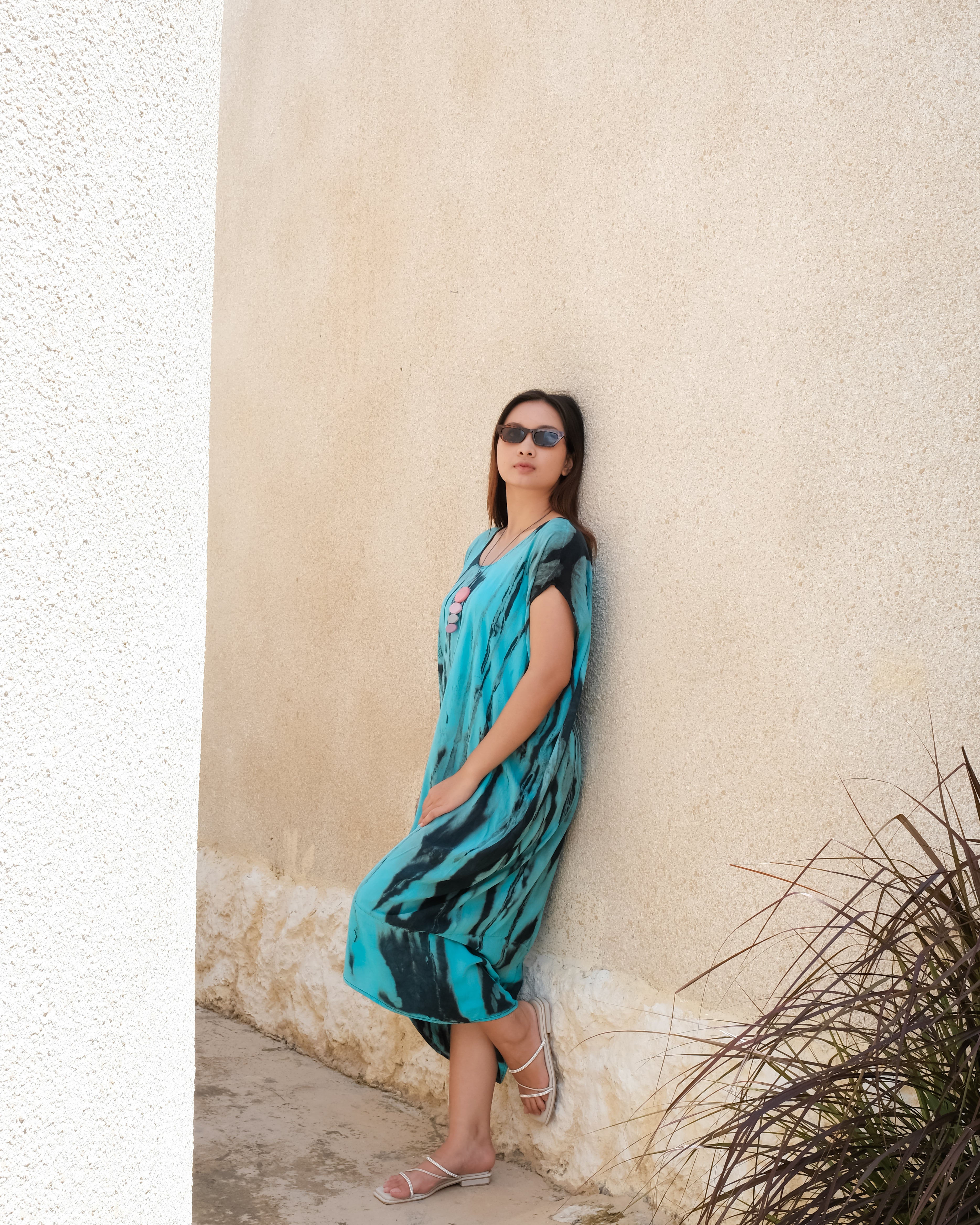 Abstract Tie Dye Kaftan Dress in Blue & Grey - Shopthatapp.ca