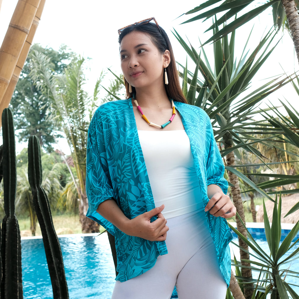 Leaf Print Kimono - Mint & Grey Short Style - Shopthatapp.ca