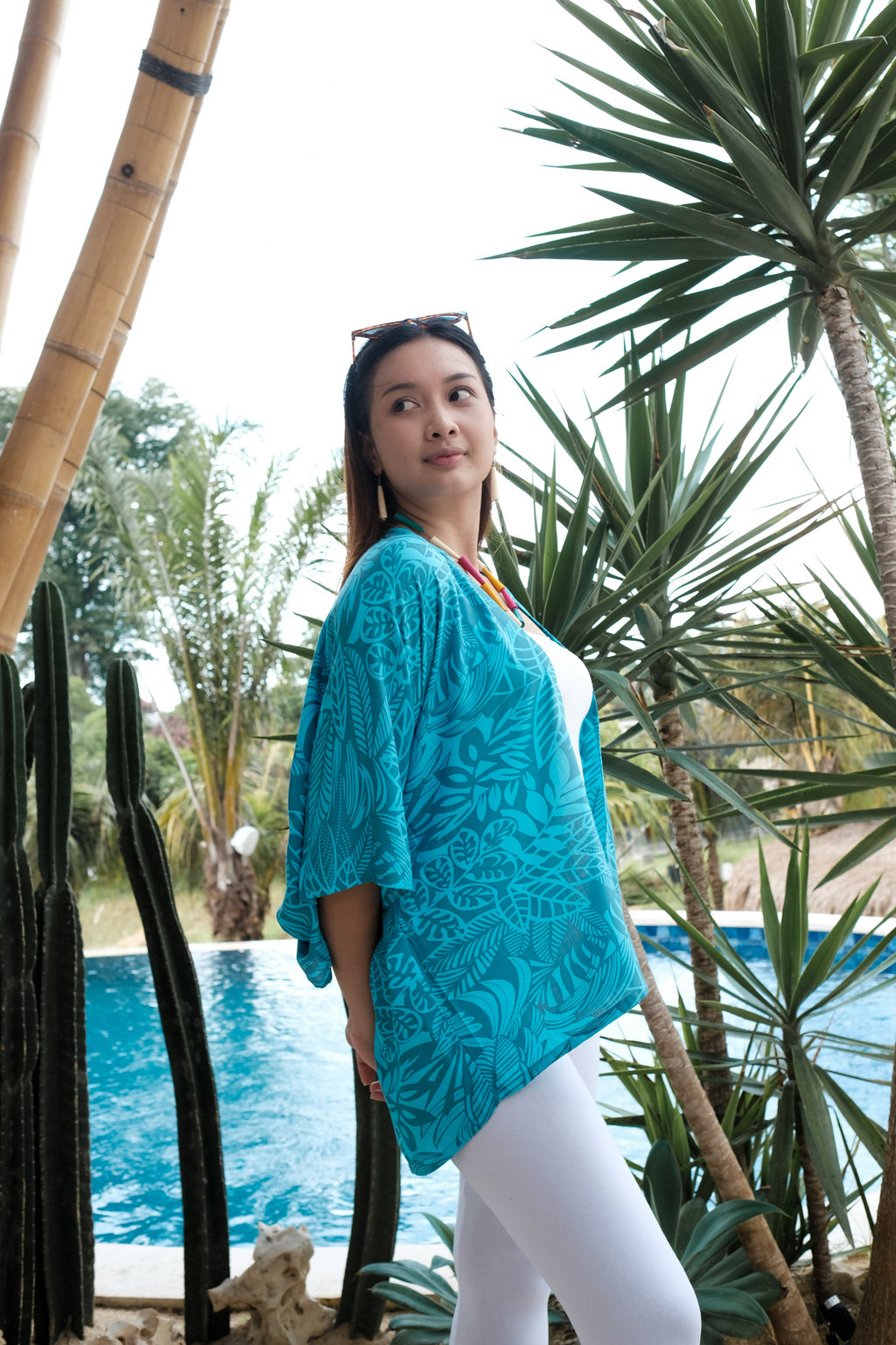 Leaf Print Kimono - Mint & Grey Short Style - Shopthatapp.ca
