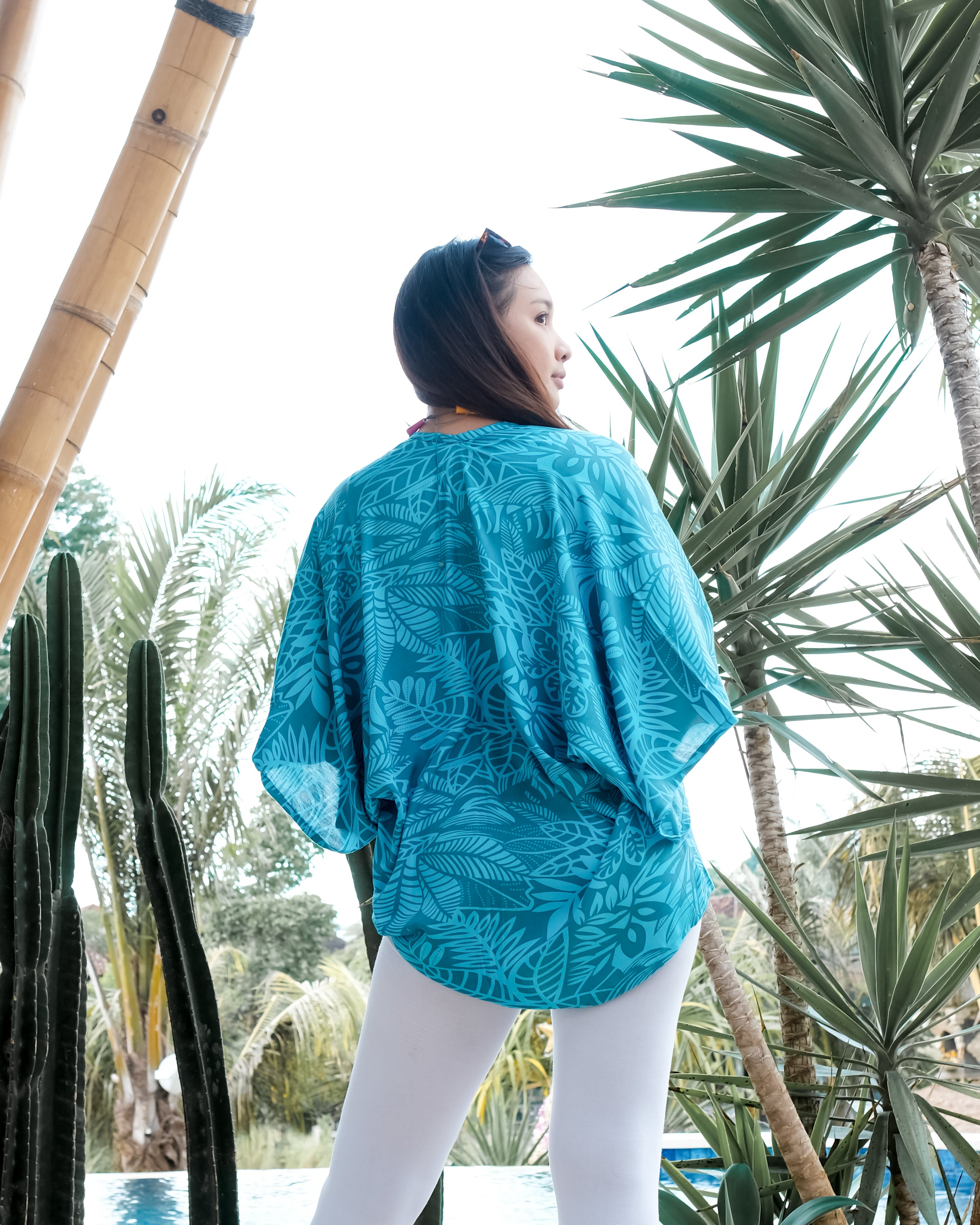 Leaf Print Kimono - Mint & Grey Short Style - Shopthatapp.ca