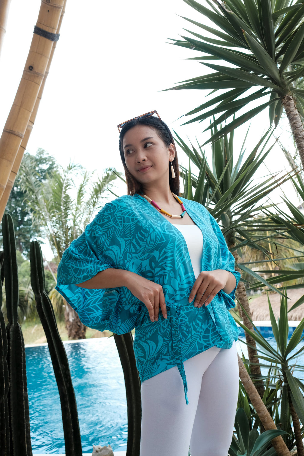 Leaf Print Kimono - Mint & Grey Short Style - Shopthatapp.ca