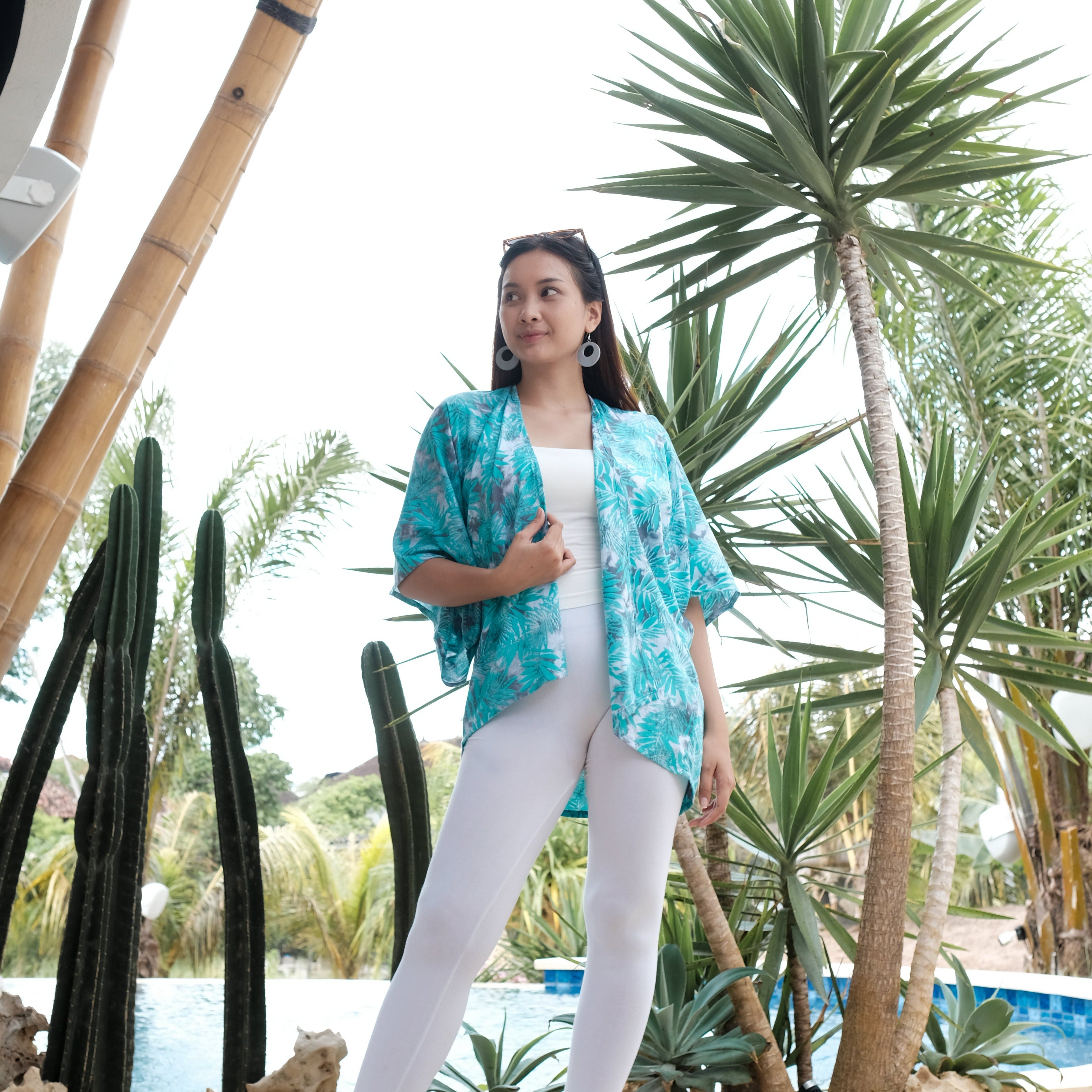 Fern Print Kimono - Mint & Grey Stylish Short Cover-Up - Shopthatapp.ca