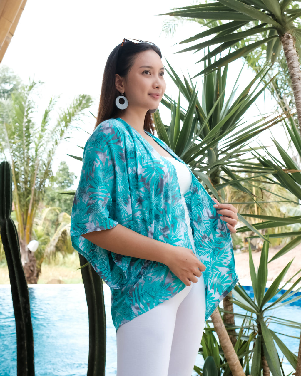 Fern Print Kimono - Mint & Grey Stylish Short Cover-Up - Shopthatapp.ca