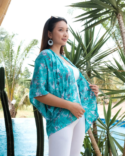 Mint and grey fern print kimono by Suzie Blue Canada, stylish short cover-up with botanical pattern and flowy fabric.