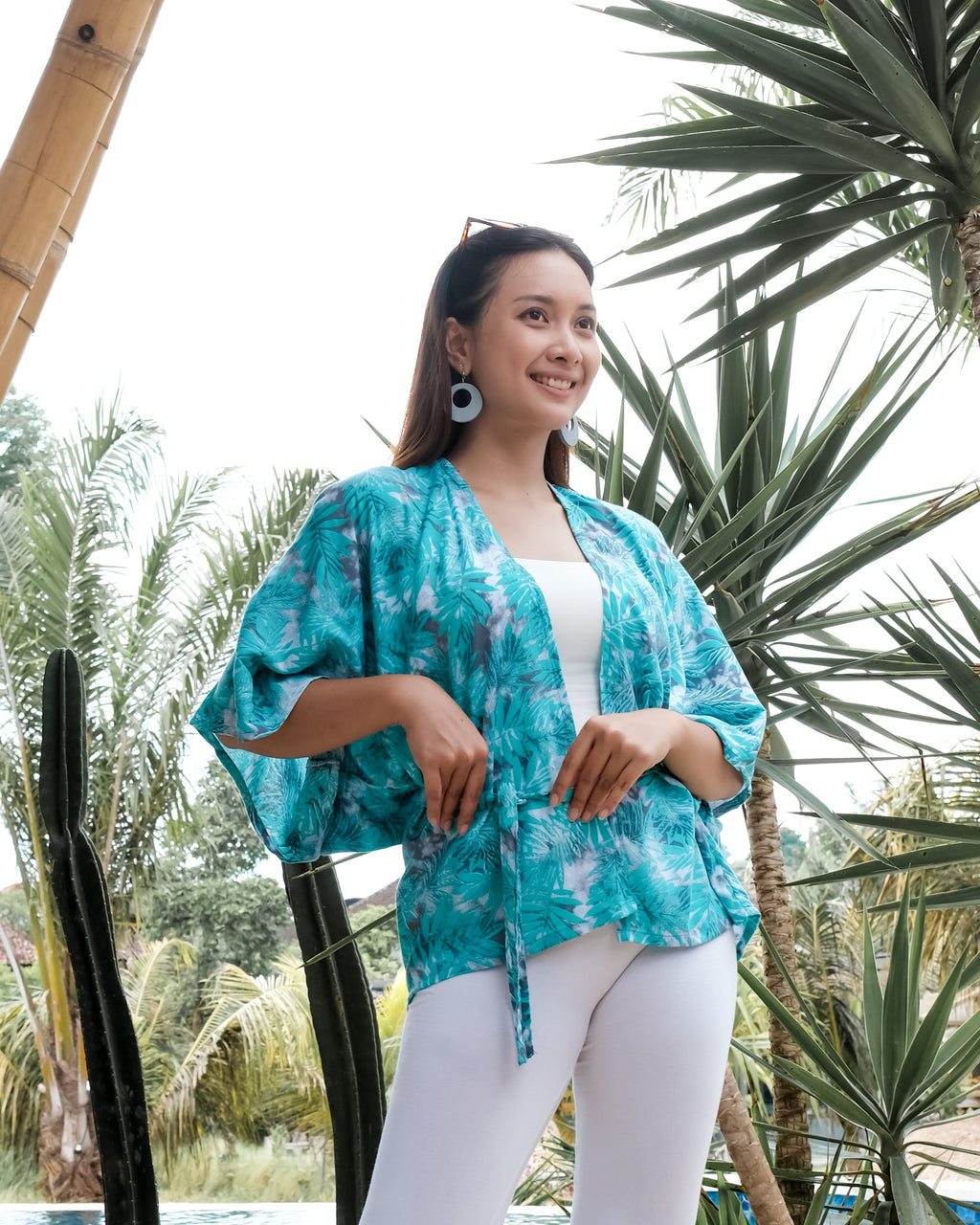 Fern Print Kimono - Mint & Grey Stylish Short Cover-Up - Shopthatapp.ca