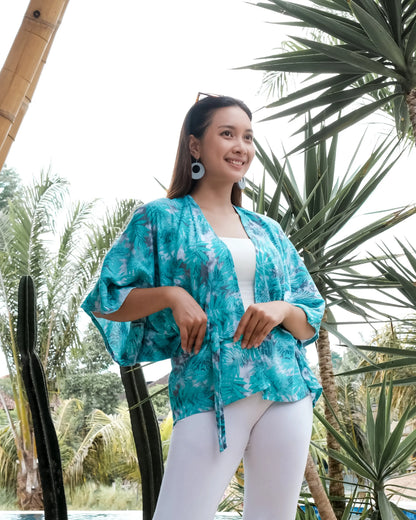 Mint and grey fern print kimono by Suzie Blue Canada, stylish short cover-up with floral pattern and lightweight fabric.