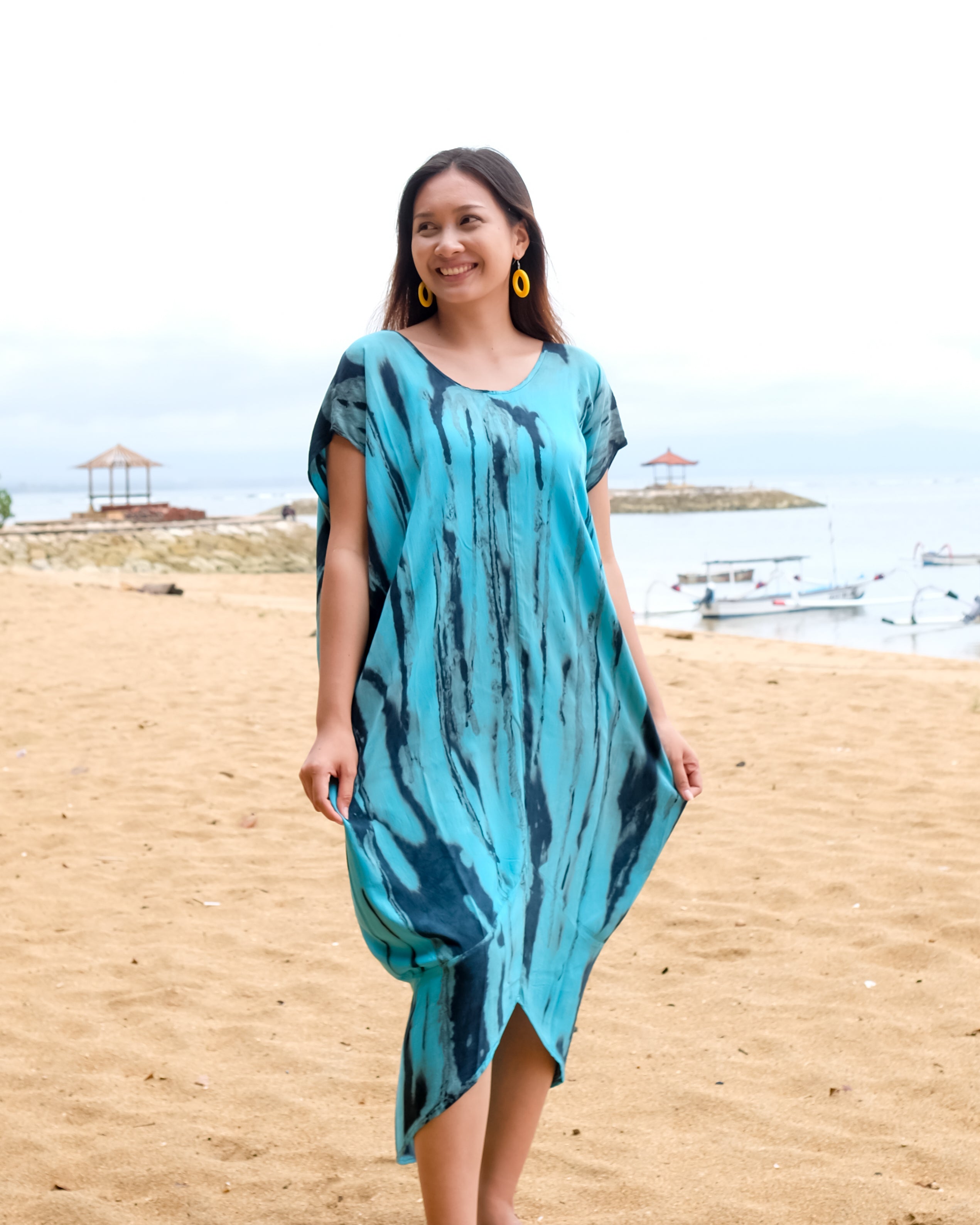 Abstract Tie Dye Kaftan Dress in Blue & Grey - Shopthatapp.ca