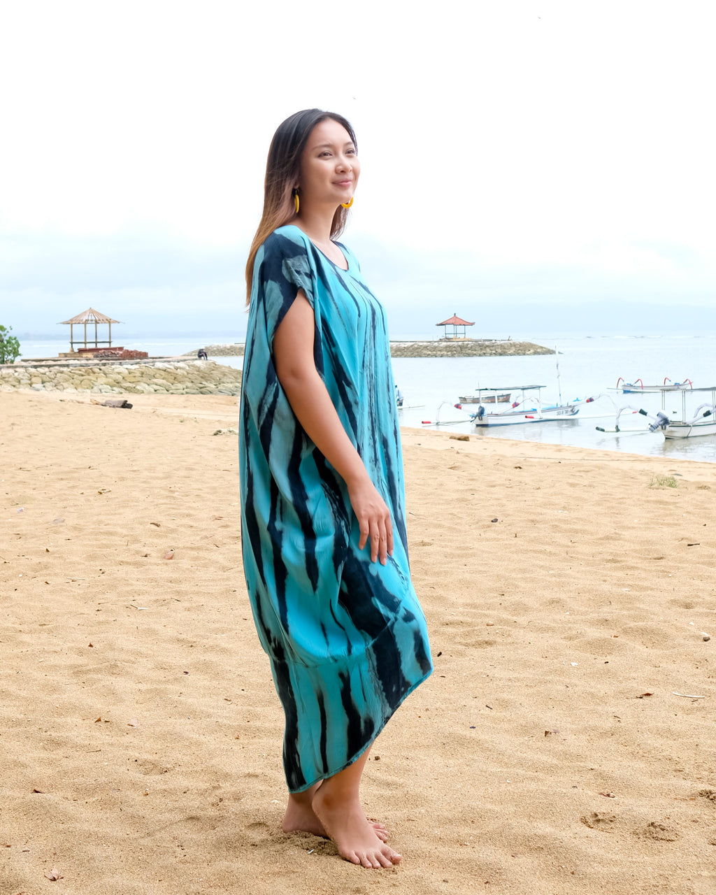 Abstract Tie Dye Kaftan Dress in Blue & Grey - Shopthatapp.ca