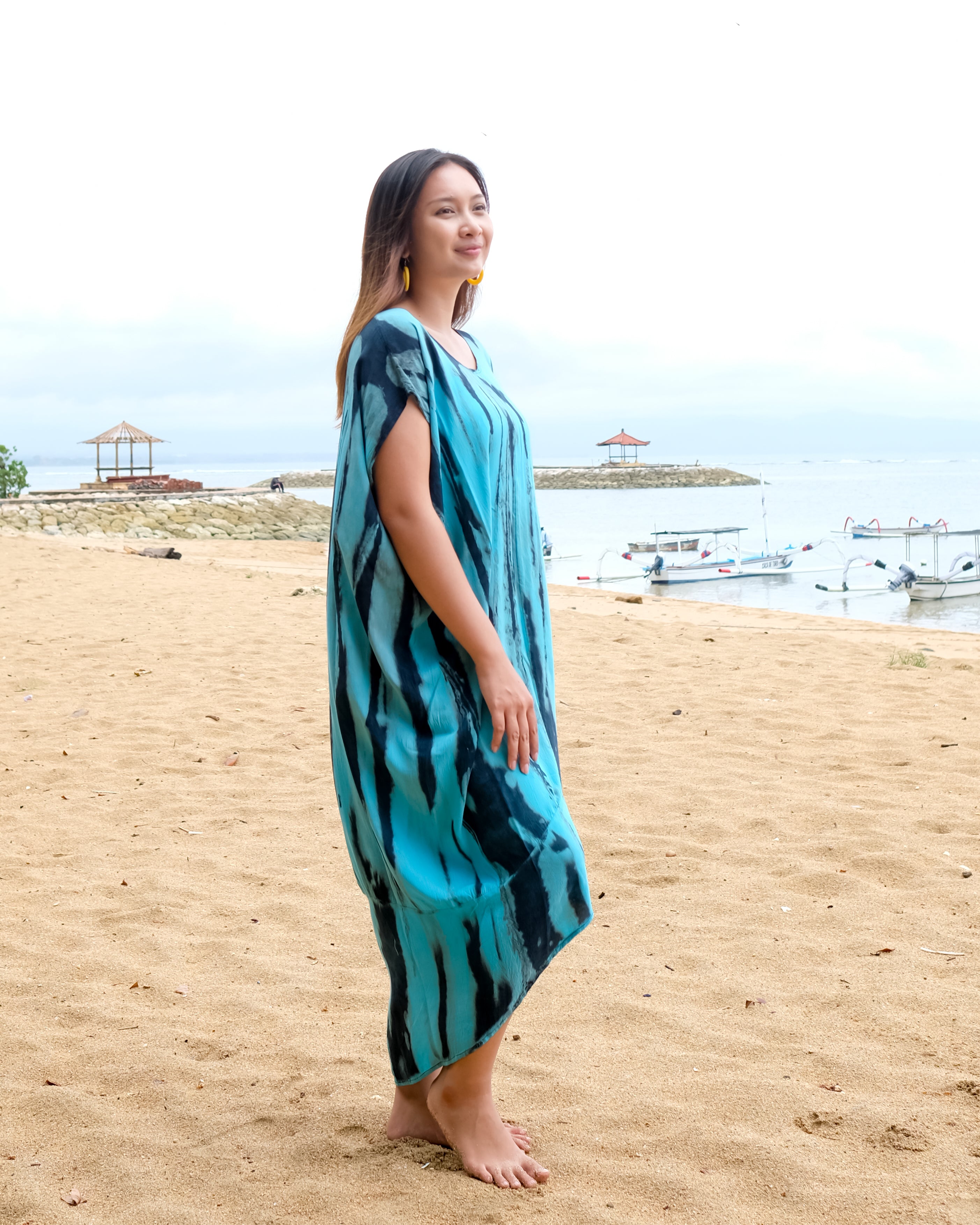 Abstract Tie Dye Kaftan Dress in Blue & Grey - Shopthatapp.ca