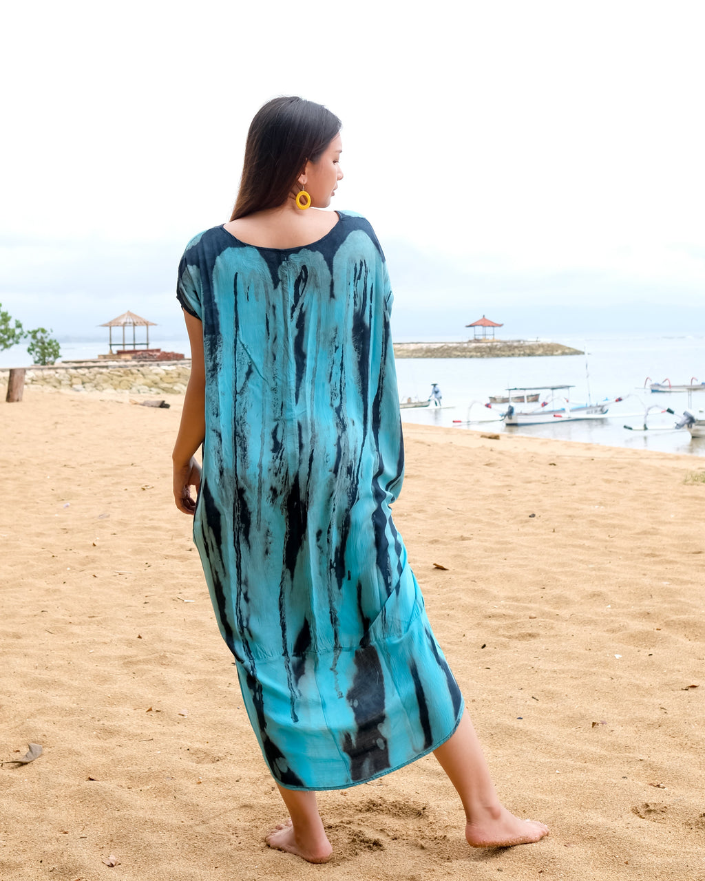 Abstract Tie Dye Kaftan Dress in Blue & Grey - Shopthatapp.ca