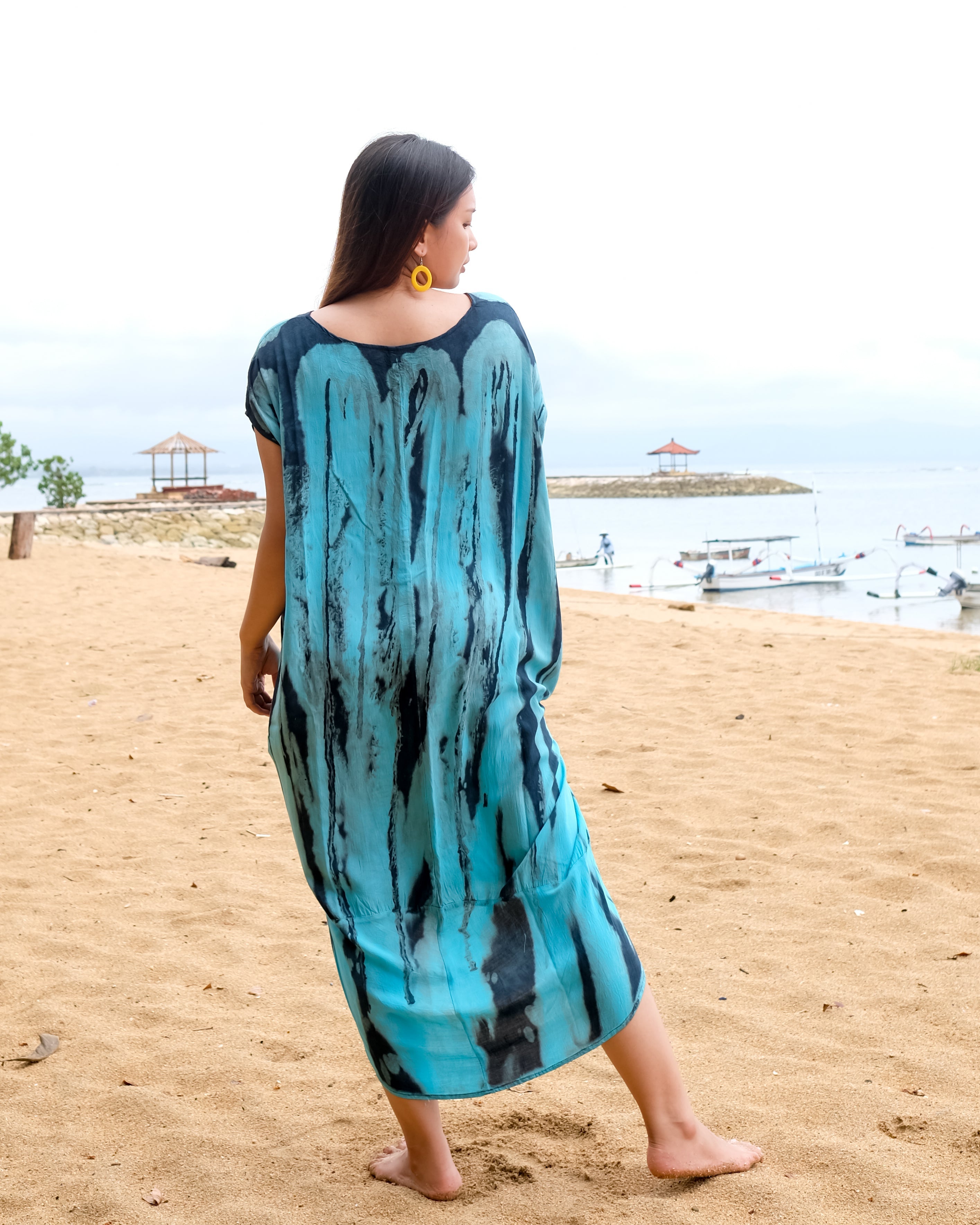 Abstract Tie Dye Kaftan Dress in Blue & Grey - Shopthatapp.ca
