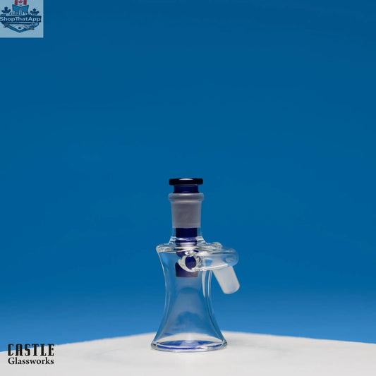 Castle Glassworks 14mm ash catcher for smooth smoking, clear glass with precise joint fittings and intricate design details.
