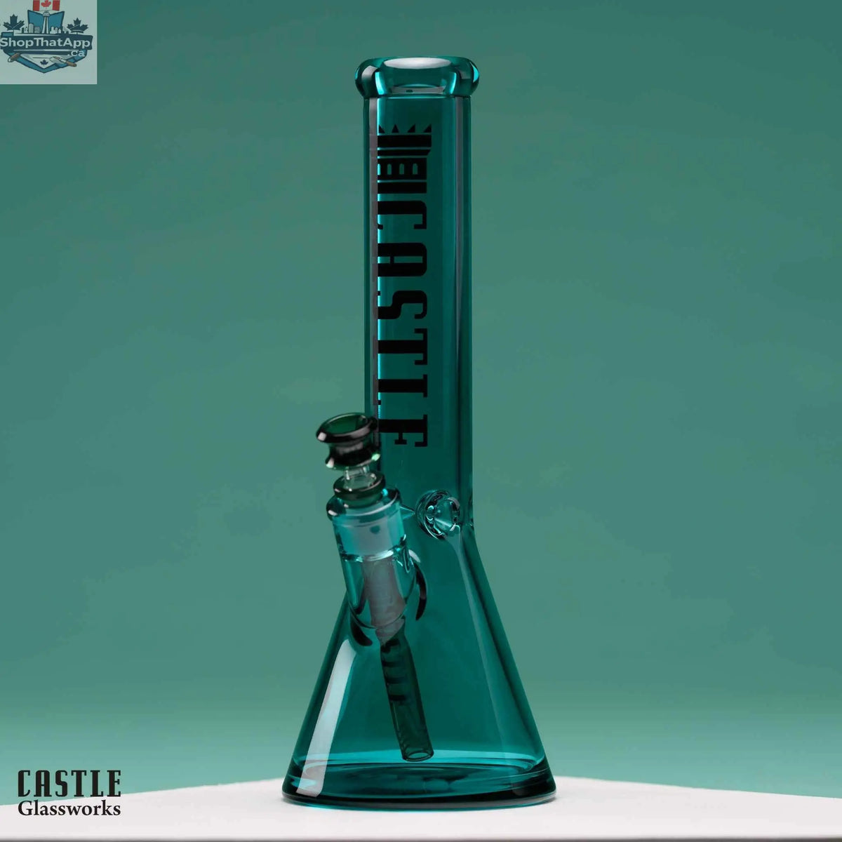Castle Glassworks 14-inch beaker bong with 7mm heavy-duty electroplated glass, featuring a sturdy beaker shape and glass bowl.