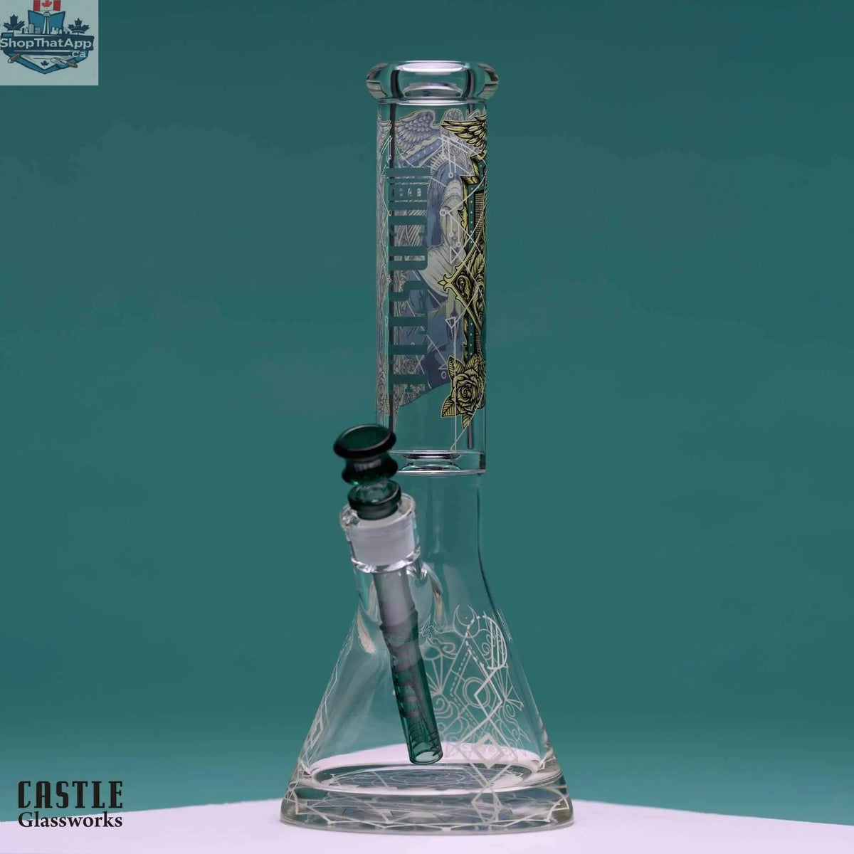Castle Glassworks 14-inch beaker bong with occult graphic design, featuring 9mm thick glass for durability.