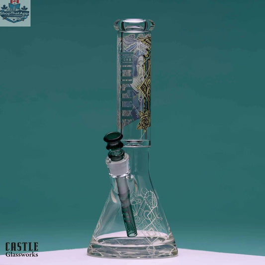 Castle Glassworks 14-inch beaker bong with occult graphic design, featuring 9mm thick glass for durability.