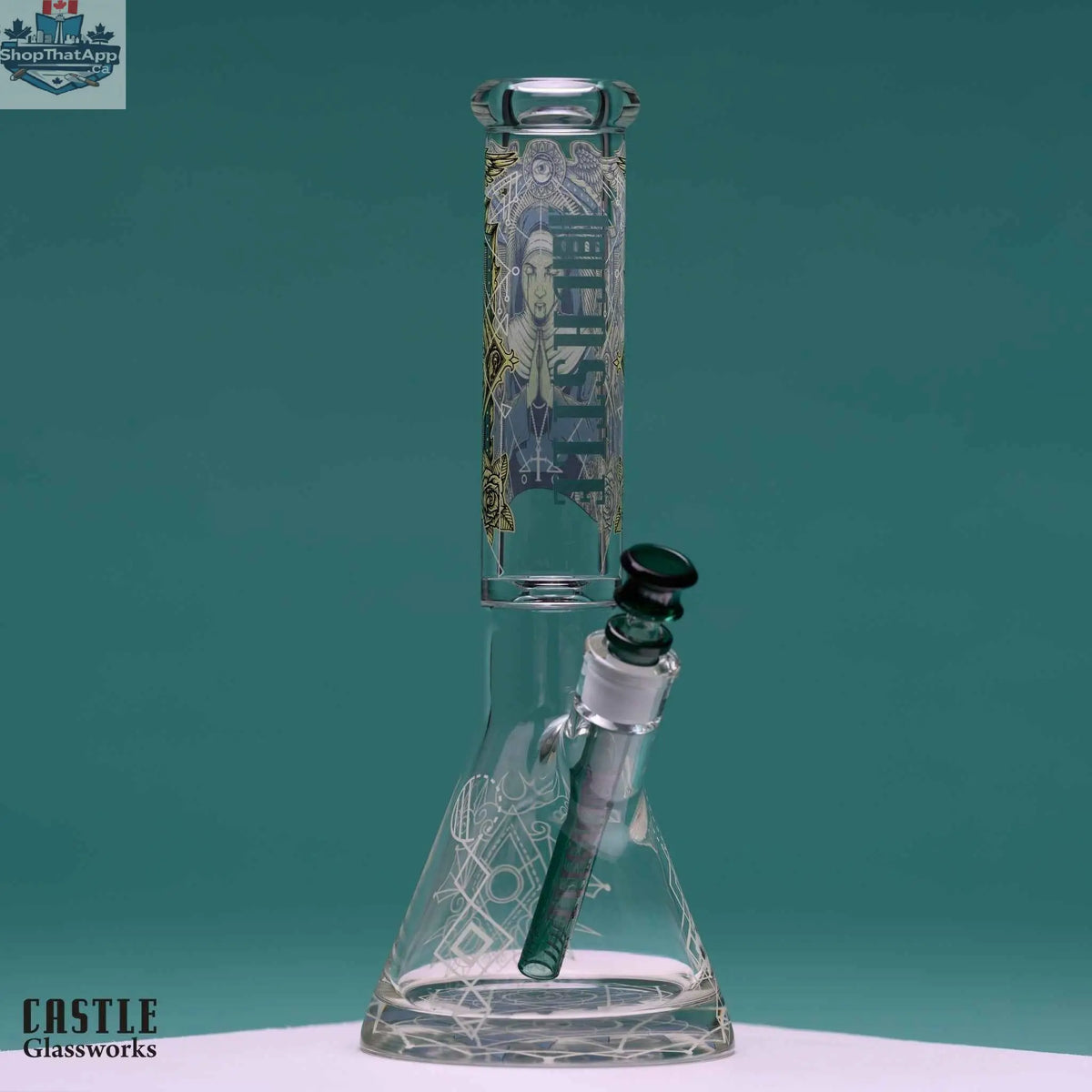 14-inch Castle Glassworks beaker bong featuring occult graphic design and 9mm thick glass for durability and style.