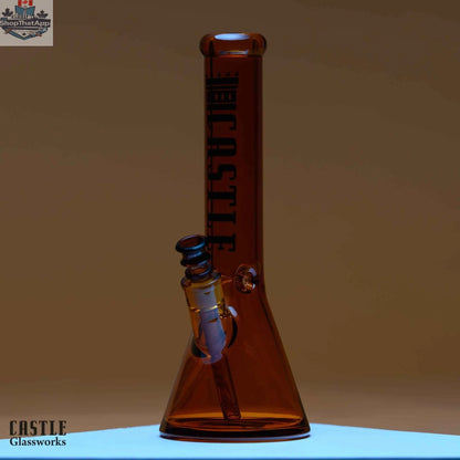 14-inch Castle Glassworks beaker bong with heavy-duty 7mm electroplated glass, featuring a clear beaker shape and sturdy base.