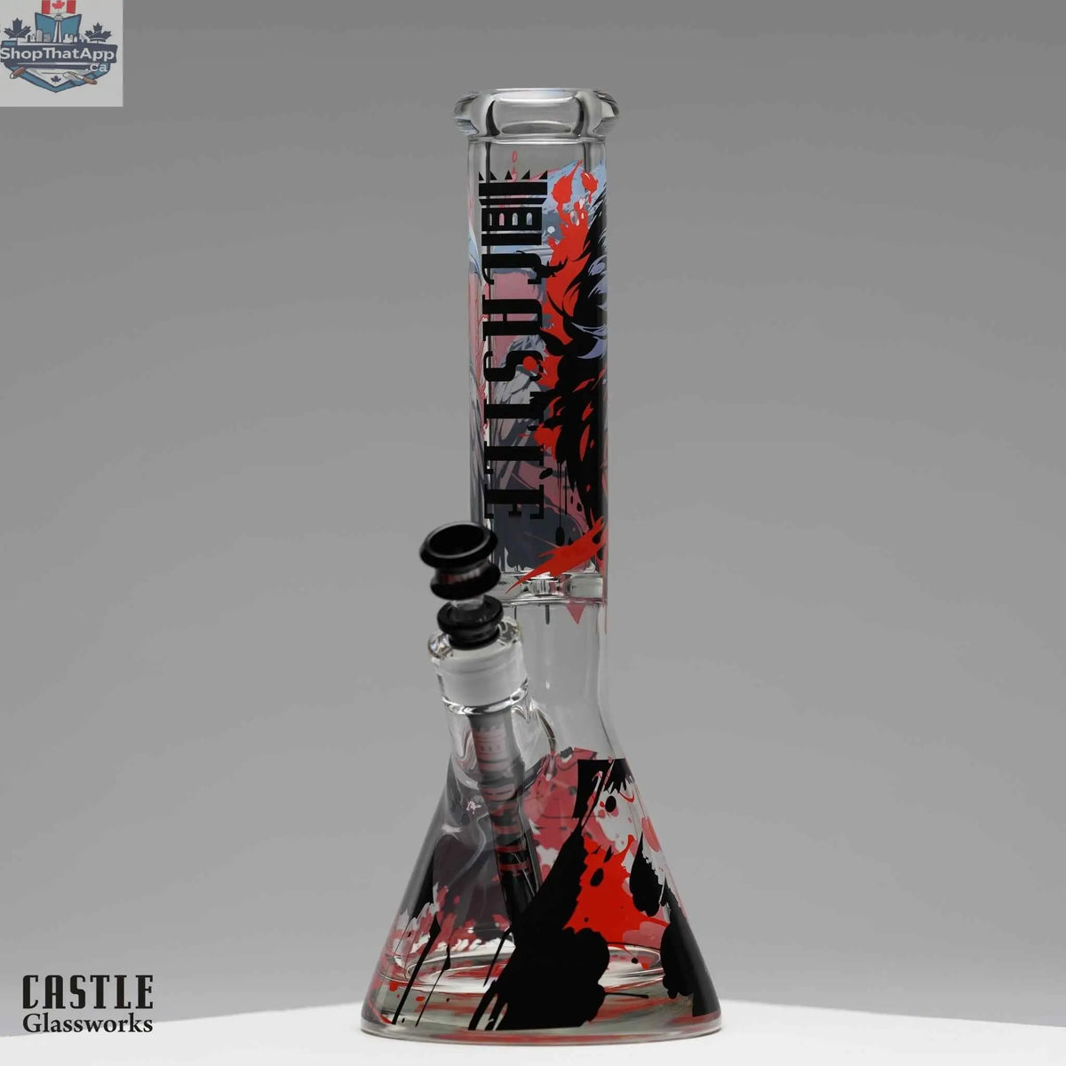 Castle Glassworks 14-inch beaker bong with Raven design, made from 9mm borosilicate glass, featuring a sturdy beaker shape.