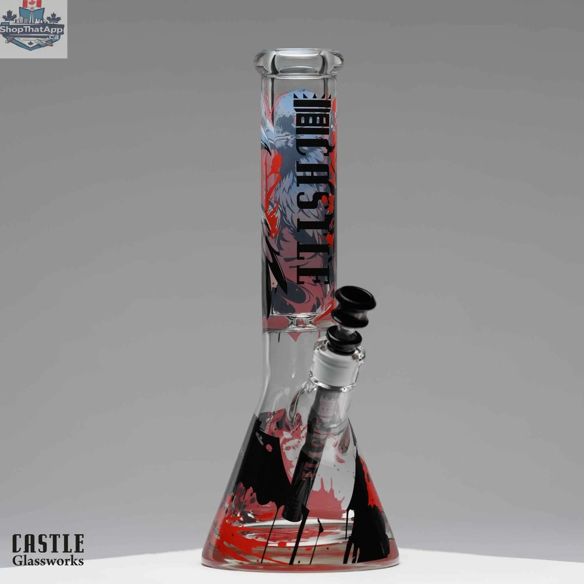 Castle Glassworks 14-inch beaker bong made of 9mm borosilicate glass with a raven design, featuring a sturdy beaker shape.