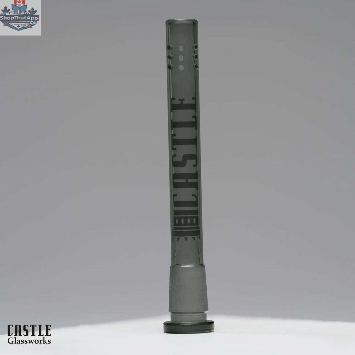 Castle Glassworks 5.75-inch 9-hole replacement downstem made of premium borosilicate glass for water pipes.