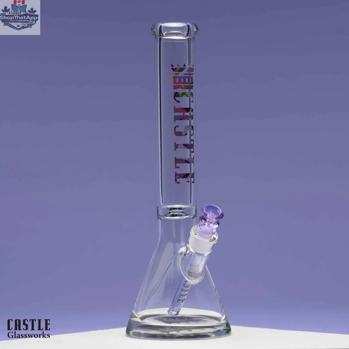 Castle Glassworks 16-inch minimalist art glass beaker bong with sleek, clear design and smooth curves for a modern smoking experience.