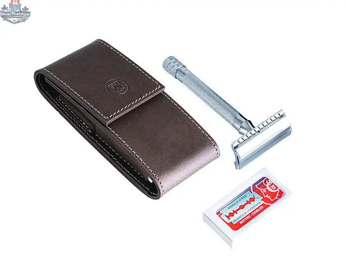 DOVO Travel Shave Set with Merkur Razor & Khaki Leather Pouch - Shopthatapp.ca