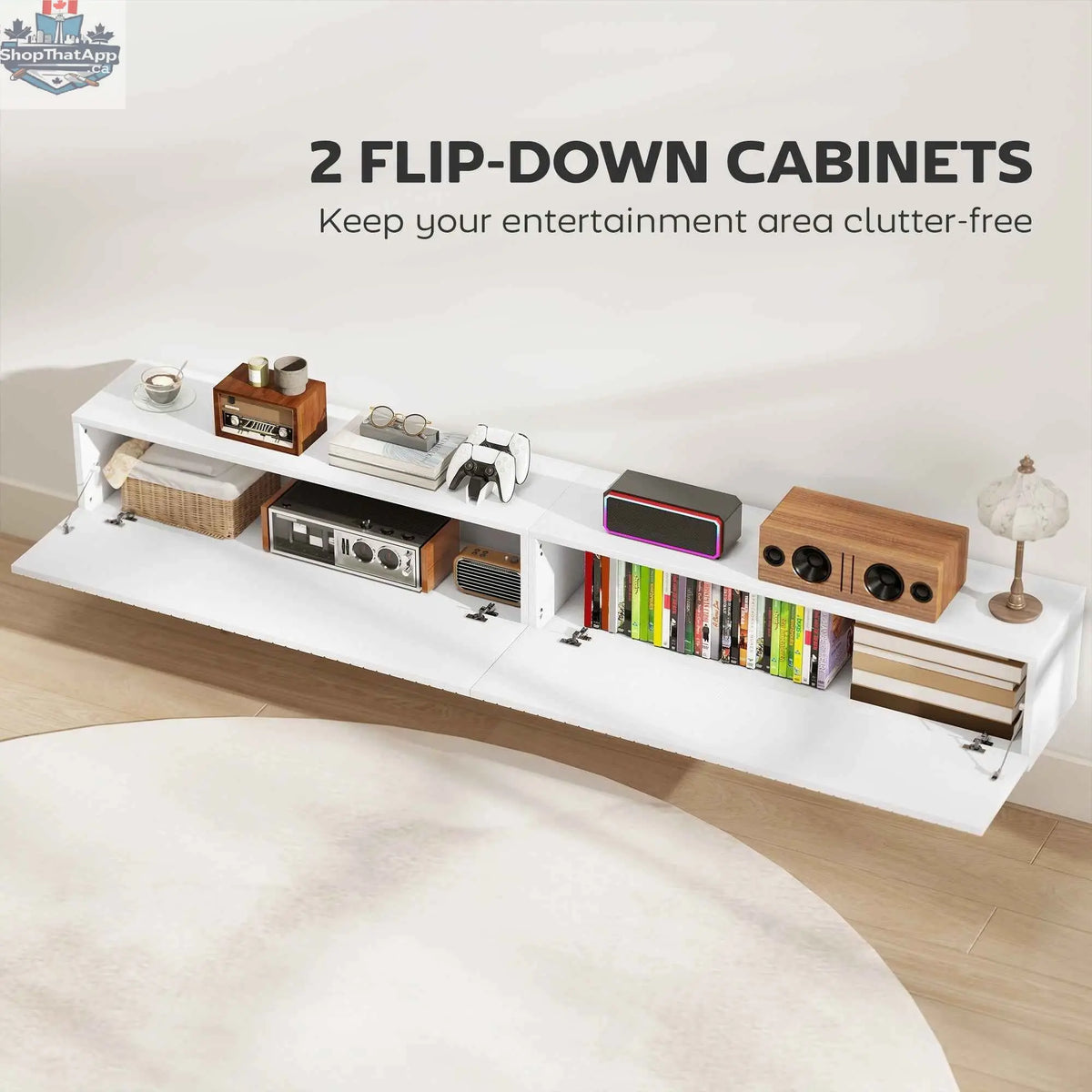 White Jesse floating TV stand with 2 fluted flip-down doors, designed for TVs up to 75 inches, by SLOTH Nation.