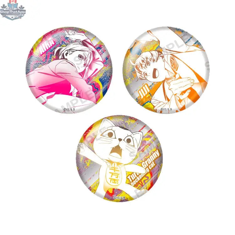 Metallic tin badge featuring Dandadan anime character, collectible trading badge from Doki Doki Land, vol.1 collectible item.