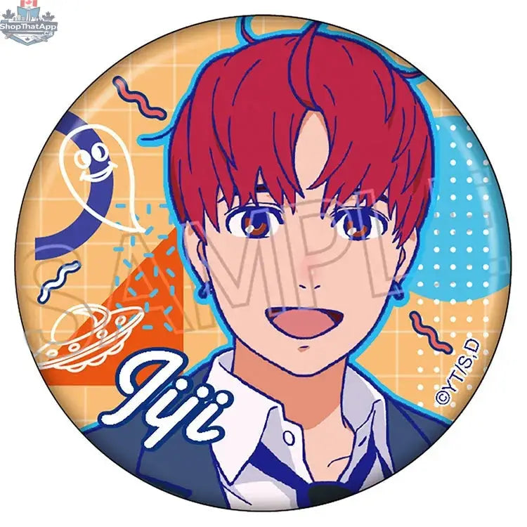 Dandadan anime can badge featuring vibrant line art, collectible Doki Doki Land merchandise with colorful character design.
