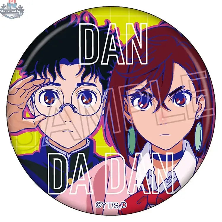 Dandadan anime can badge featuring vivid line artwork, collectible anime merchandise from Doki Doki Land.