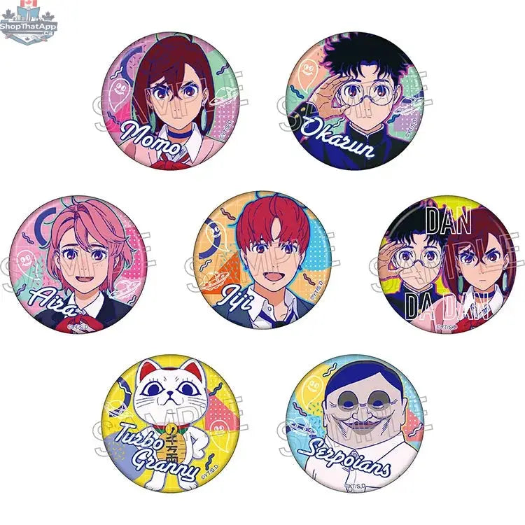 Dandadan anime can badge featuring vivid line artwork, collectible design, with colorful character illustration from Doki Doki Land.
