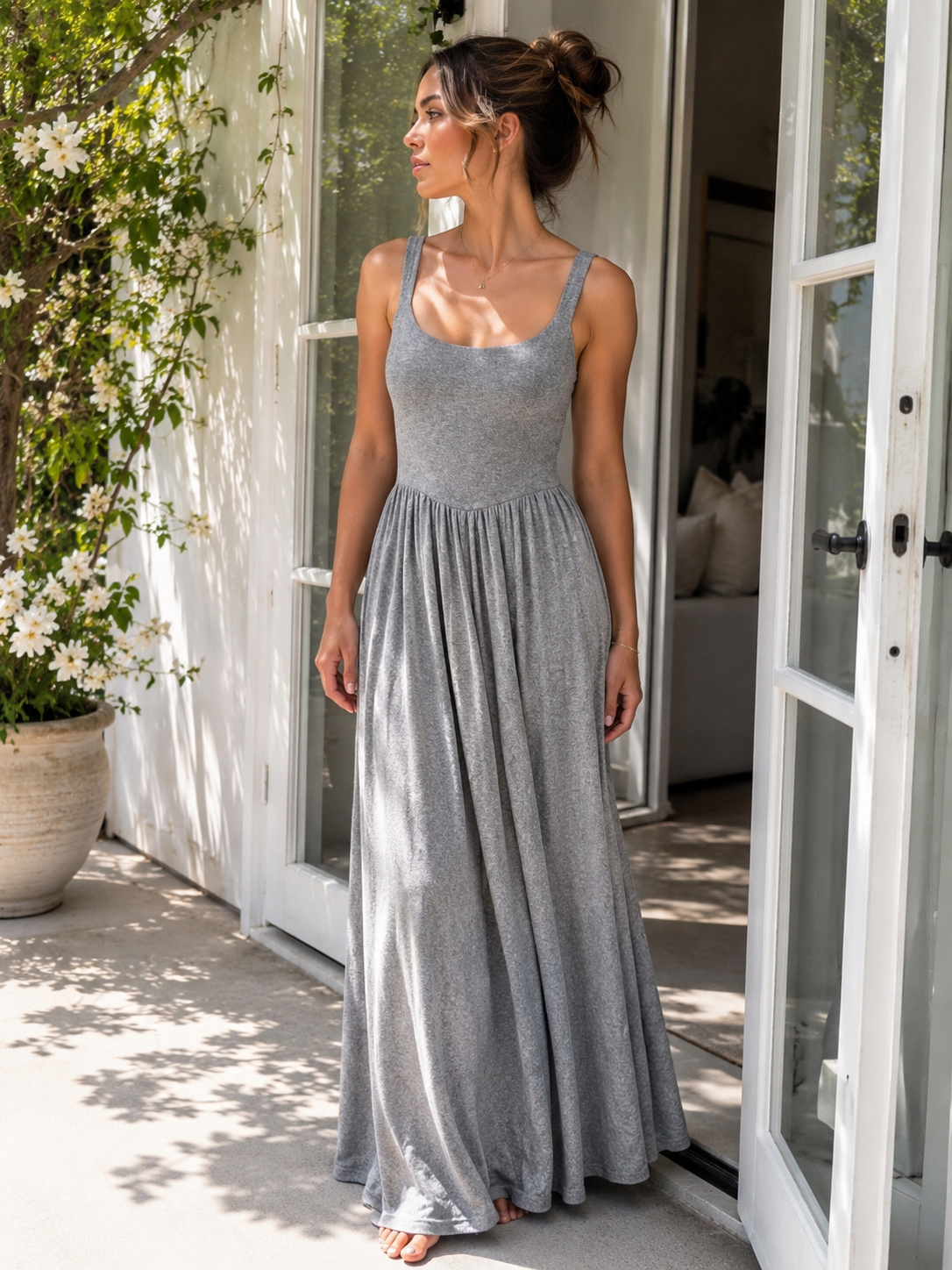 Dawn Sleeveless Silky Maxi Dress - Flowing Grey Jersey Elegance - Shopthatapp.ca