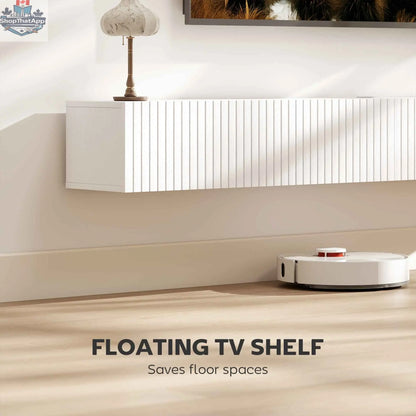 White Jesse floating TV stand with two fluted flip-down doors, designed for TVs up to 75 inches, by SLOTH Nation.