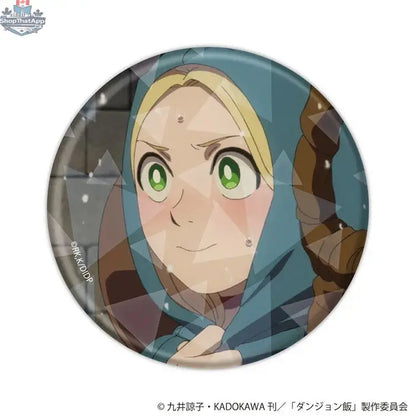 Hologram can badge featuring scene illustration from Delicious in Dungeon anime, collectible Doki Doki Land merchandise.